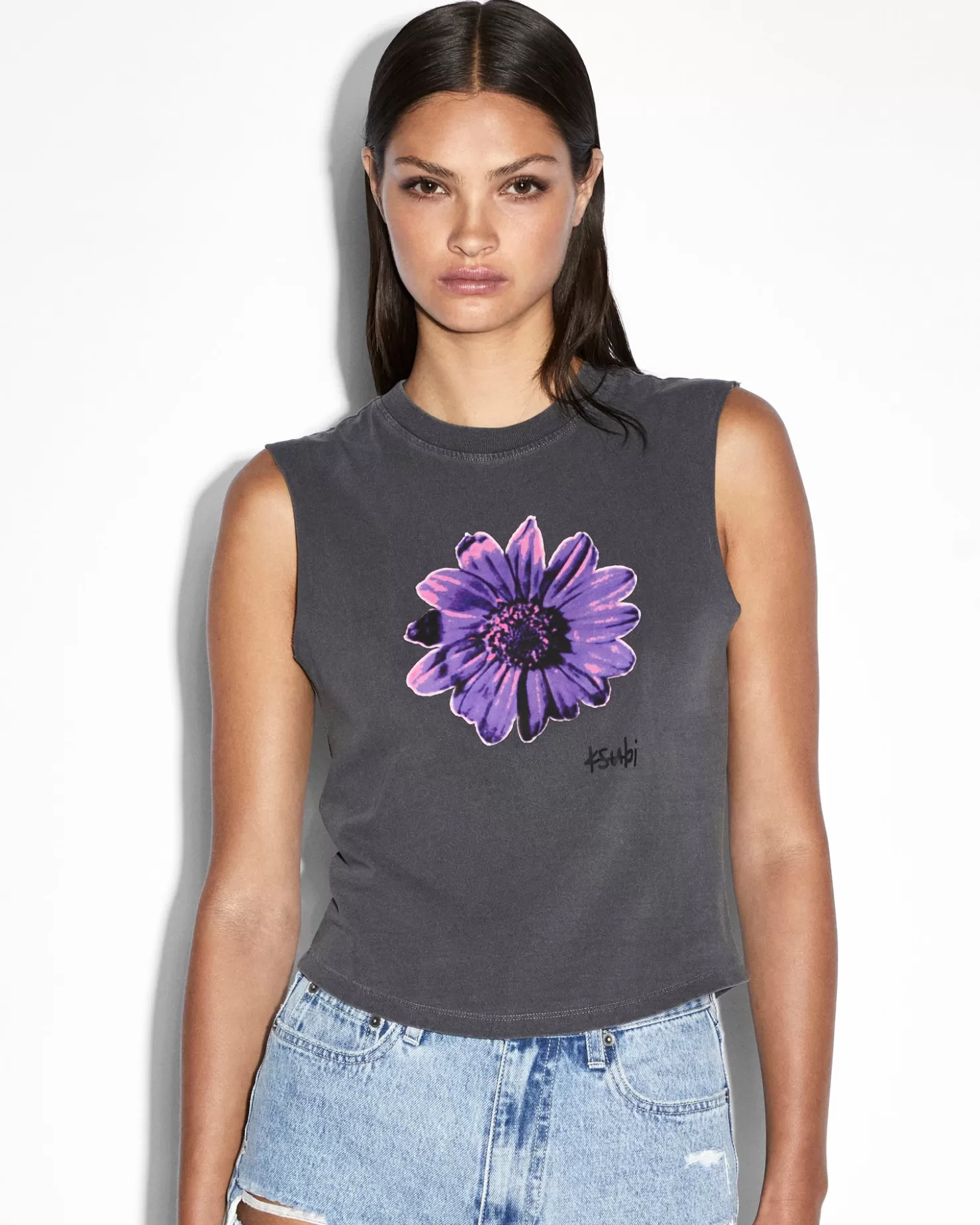 Women Ksubi Cyberflora Tank Charcoal